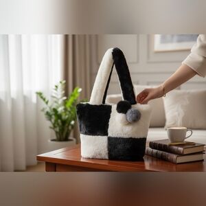 Plush Black & White Checkered Faux Fur Tote Bag W/Pom-Pom Bag Charm
